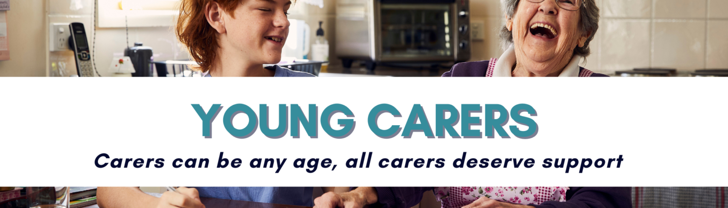 young carer talking with nana. Young carer title across photo.